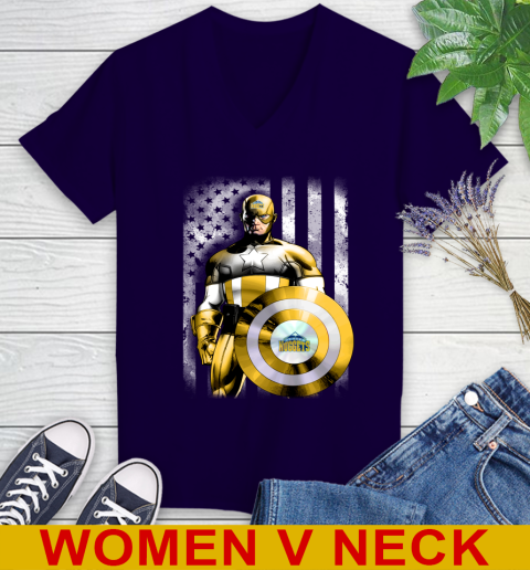 Denver Nuggets NBA Basketball Captain America Marvel Avengers American Flag Shirt Women's V-Neck T-Shirt 3