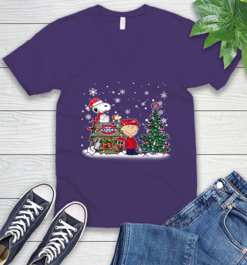 NHL Montreal Canadiens Snoopy Charlie Brown Woodstock Christmas Stanley Cup Hockey V-Neck T-Shirt 9