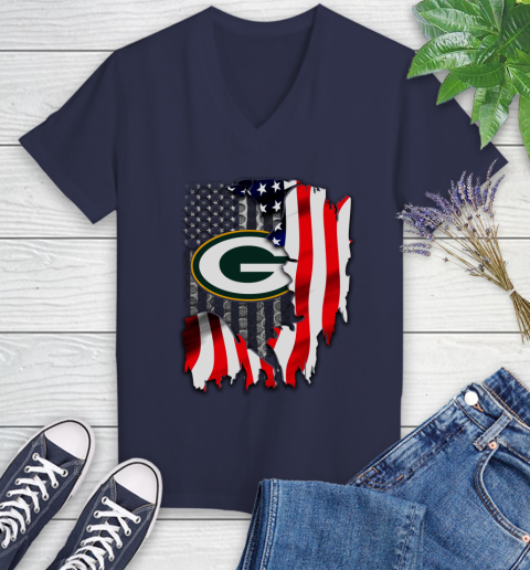 Green Bay Packers NFL Football American Flag Women's V-Neck T-Shirt 12