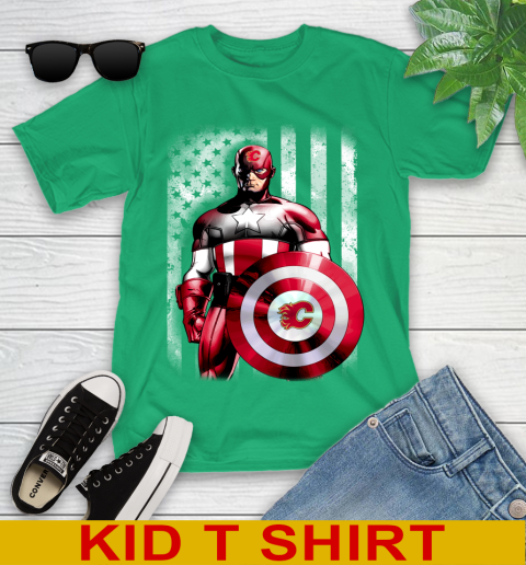 Calgary Flames NHL Hockey Captain America Marvel Avengers American Flag Shirt Youth T-Shirt 7