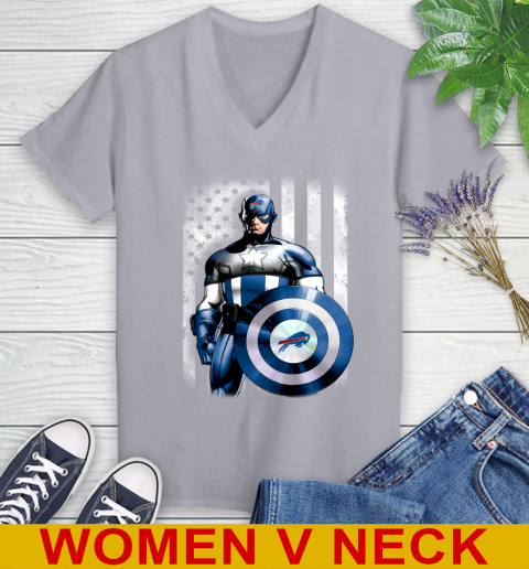 Buffalo Bills NFL Football Captain America Marvel Avengers American Flag Shirt Women's V-Neck T-Shirt 4