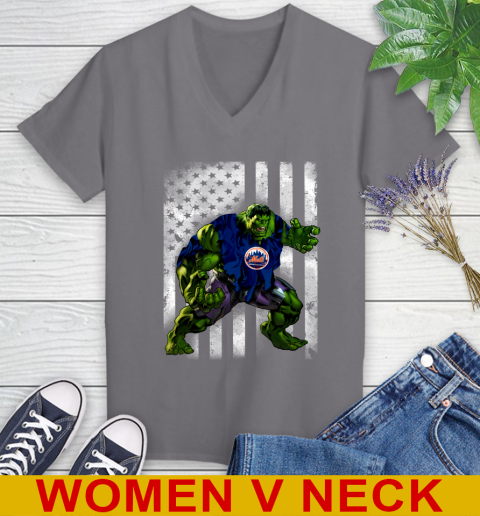 New York Mets Hulk Marvel Avengers MLB Baseball American Flag Women's V-Neck T-Shirt 11