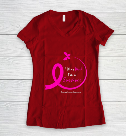 Womens Butterfly I Wear Pink I m A Survivor Breast Cancer Awareness Women's V-Neck T-Shirt 8