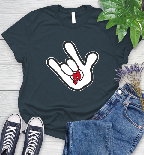 New Jersey Devils NHL Hockey Mickey Rock Hand Disney Women's T-Shirt 8
