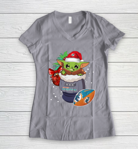 Miami Dolphins Christmas Baby Yoda Star Wars Funny Happy NFL Women's V-Neck T-Shirt 4