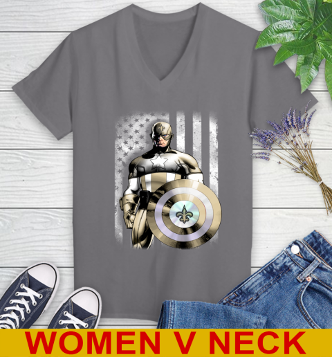 New Orleans Saints NFL Football Captain America Marvel Avengers American Flag Shirt Women's V-Neck T-Shirt 11