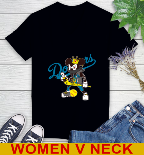 Los Angeles Dodgers MLB Baseball Mickey Peace Sign Sports Women's V-Neck T-Shirt 2