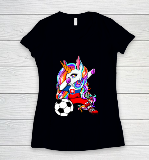 Dabbing Unicorn Slovakia Soccer Fans Jersey Slovak Football Women's V-Neck T-Shirt