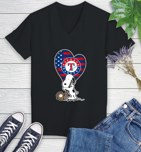 Texas Rangers MLB Baseball The Peanuts Movie Adorable Snoopy Women's V-Neck T-Shirt 2