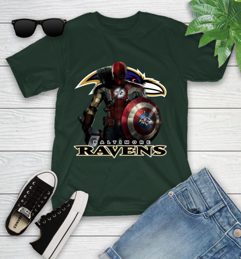 NFL Captain America Thor Spider Man Hawkeye Avengers Endgame Football Baltimore Ravens Youth T-Shirt 5