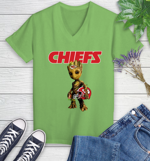 Kansas City Chiefs NFL Football Groot Marvel Guardians Of The Galaxy Women's V-Neck T-Shirt 11