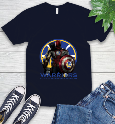 Golden State Warriors NBA Basketball Captain America Thor Spider Man Hawkeye Avengers V-Neck T-Shirt 3