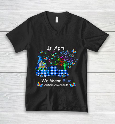 Gnomes In April We Wear Blue Autism Awareness V-Neck T-Shirt
