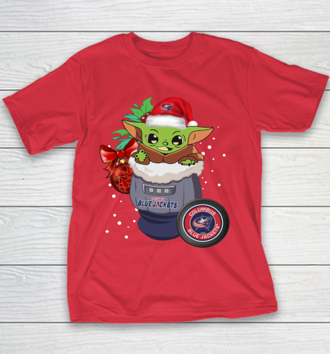 Columbus Blue Jackets Christmas Baby Yoda Star Wars Funny Happy NHL Youth T-Shirt 9