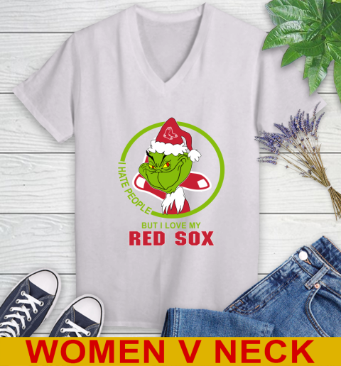 Boston Red Sox MLB Christmas Grinch I Hate People But I Love My Favorite Baseball Team Women's V-Neck T-Shirt
