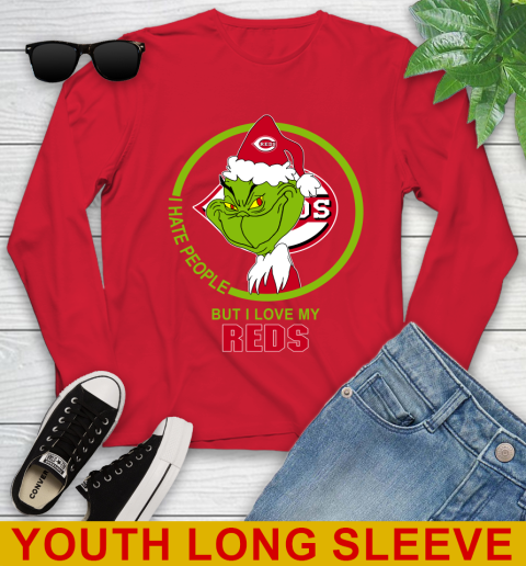 Cincinnati Reds MLB Christmas Grinch I Hate People But I Love My Favorite Baseball Team Youth Long Sleeve 11