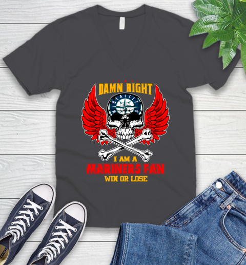 MLB Damn Right I Am A Seattle Mariners Win Or Lose Skull Baseball Sports V-Neck T-Shirt 4