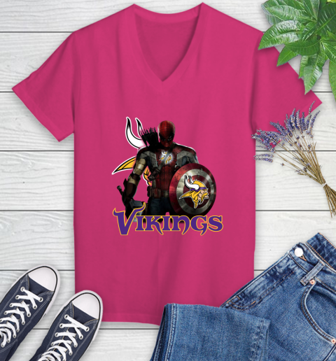 NFL Captain America Thor Spider Man Hawkeye Avengers Endgame Football Minnesota Vikings Women's V-Neck T-Shirt 9