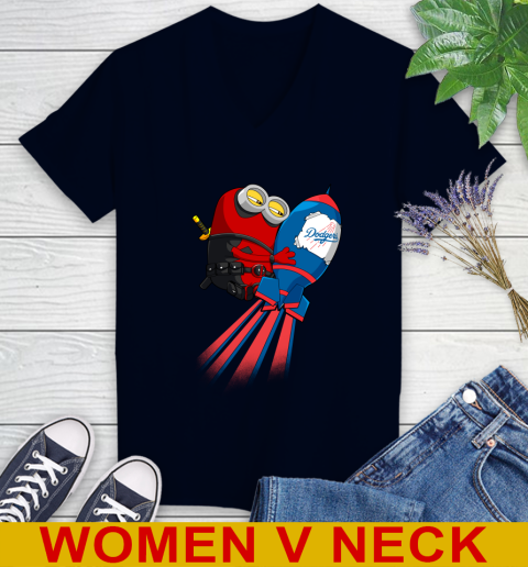 MLB Baseball Los Angeles Dodgers Deadpool Minion Marvel Shirt Women's V-Neck T-Shirt 2