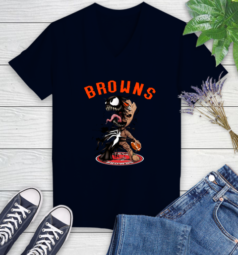 NFL Cleveland Browns Football Venom Groot Guardians Of The Galaxy Women's V-Neck T-Shirt 3