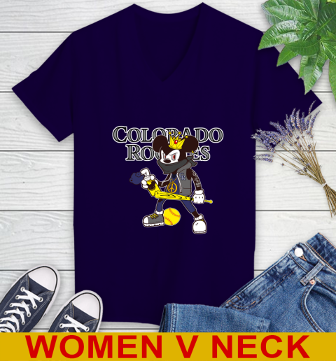 Colorado Rockies MLB Baseball Mickey Peace Sign Sports Women's V-Neck T-Shirt 4