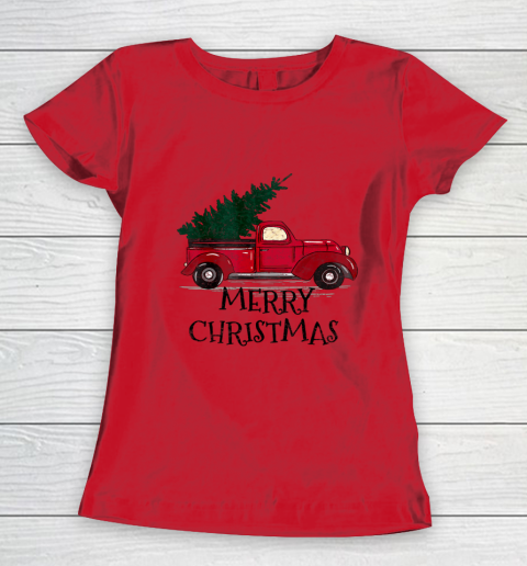 Vintage Red Truck With Merry Christmas Tree Women's T-Shirt 7