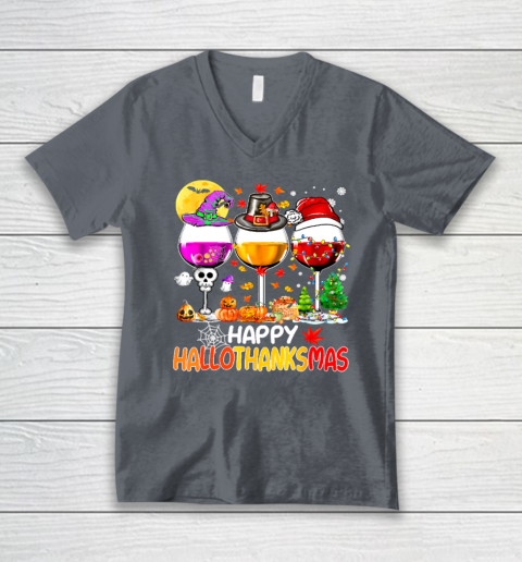 Halloween Thanksgiving Christmas Happy Hallothanksmas Wine V-Neck T-Shirt 3