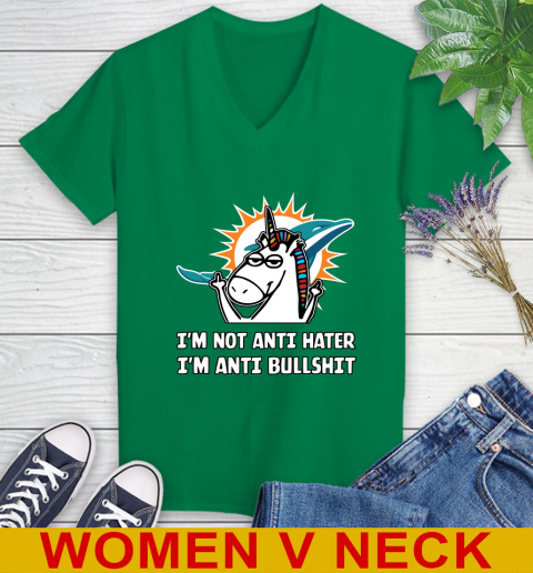 Miami Dolphins NFL Football Unicorn I'm Not Anti Hater I'm Anti Bullshit Women's V-Neck T-Shirt 6
