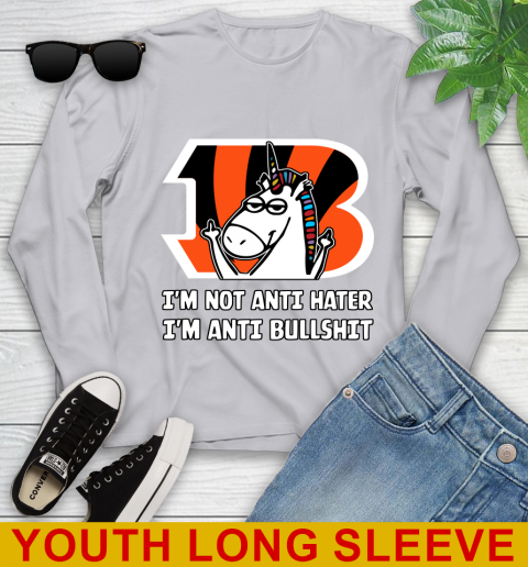 Cincinnati Bengals NFL Football Unicorn I'm Not Anti Hater I'm Anti Bullshit Youth Long Sleeve 6