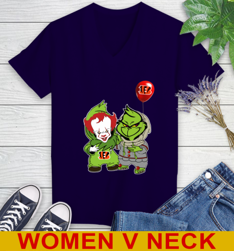 Cincinnati Bengals Baby Pennywise Grinch Christmas NFL Football Women's V-Neck T-Shirt 4
