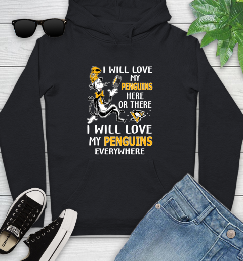 NHL Hockey Pittsburgh Penguins I Will Love My Penguins Everywhere Dr Seuss Shirt Youth Hoodie