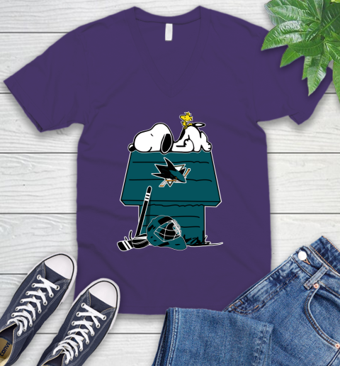 San Jose Sharks NHL Hockey Snoopy Woodstock The Peanuts Movie V-Neck T-Shirt 10