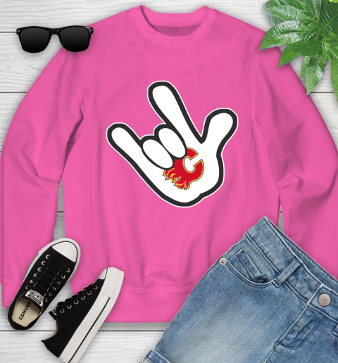 Calgary Flames NHL Hockey Mickey Rock Hand Disney Youth Sweatshirt 7