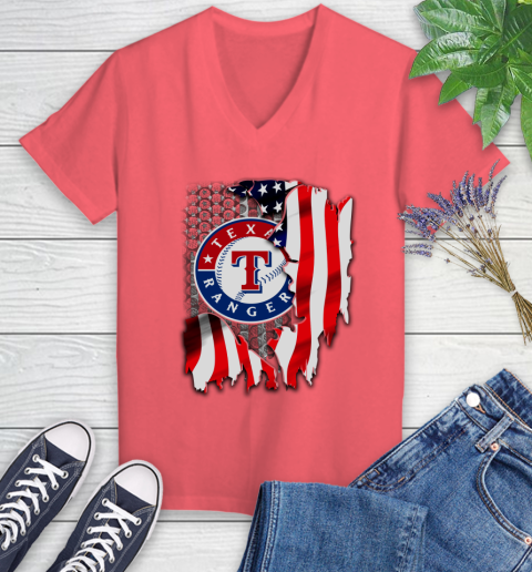 Texas Rangers MLB Baseball American Flag Women's V-Neck T-Shirt 6
