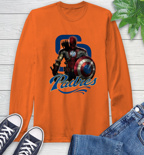 MLB Captain America Thor Spider Man Hawkeye Avengers Endgame Baseball San Diego Padres Long Sleeve T-Shirt 5