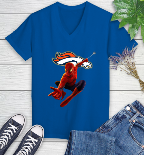 NFL Spider Man Avengers Endgame Football Denver Broncos Women's V-Neck T-Shirt 10