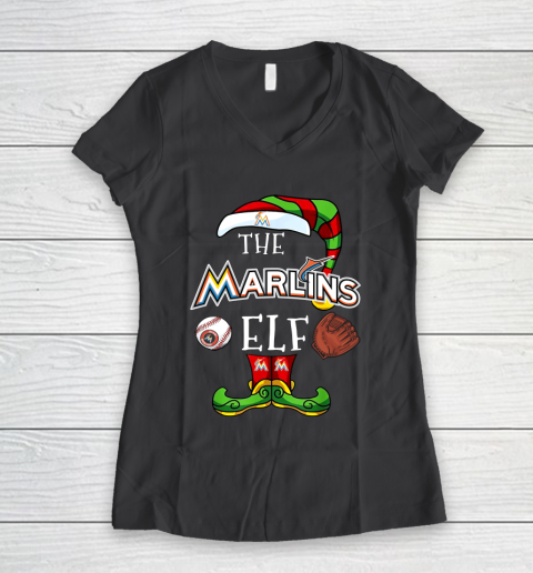 Miami Marlins Christmas ELF Funny MLB Women's V-Neck T-Shirt 6