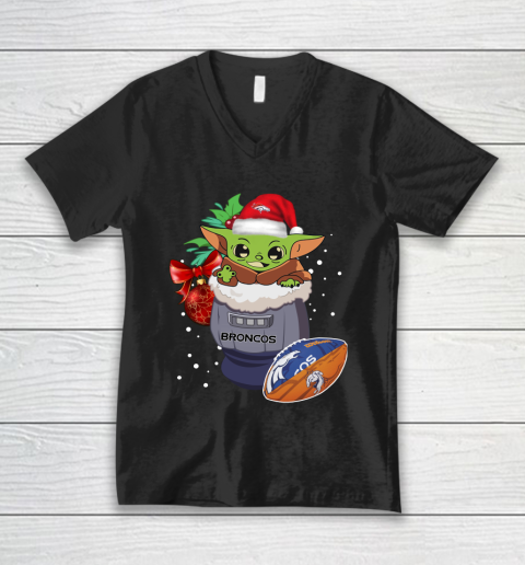 Denver Broncos Christmas Baby Yoda Star Wars Funny Happy NFL V-Neck T-Shirt