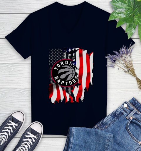 Toronto Raptors NBA Basketball American Flag Women's V-Neck T-Shirt 2