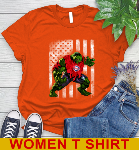 Philadelphia Phillies Hulk Marvel Avengers MLB Baseball American Flag Women's T-Shirt 3