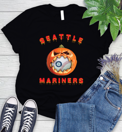 MLB Seattle Mariners Halloween Pumpkin Baseball Sports Women's T-Shirt 3 MLB Seattle Mariners Halloween Pumpkin Baseball Sports Women's T-Shirt - Image 3