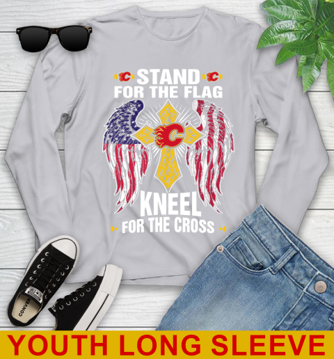NHL Hockey Calgary Flames Stand For Flag Kneel For The Cross Shirt Youth Long Sleeve 5