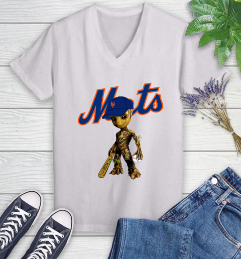 MLB New York Mets Groot Guardians Of The Galaxy Baseball Women's V-Neck T-Shirt