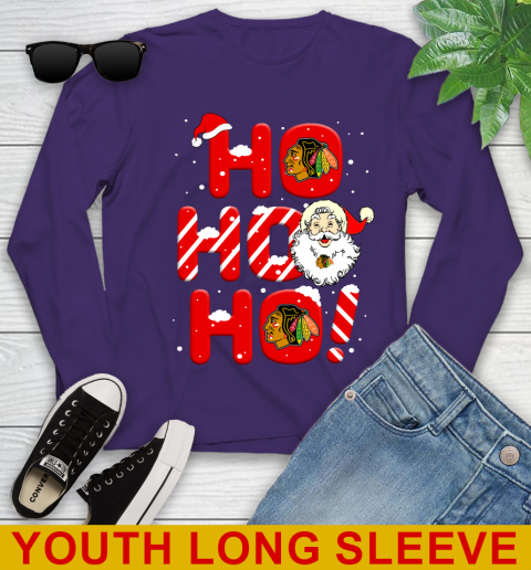 Chicago Blackhawks NHL Hockey Ho Ho Ho Santa Claus Merry Christmas Shirt Youth Long Sleeve 4