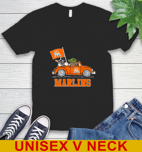 MLB Baseball Miami Marlins Darth Vader Baby Yoda Driving Star Wars Shirt V-Neck T-Shirt 2