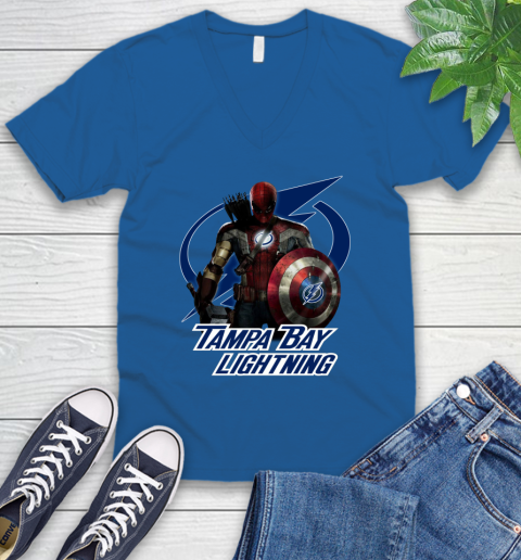 NHL Captain America Thor Spider Man Hawkeye Avengers Endgame Hockey Tampa Bay Lightning V-Neck T-Shirt 6