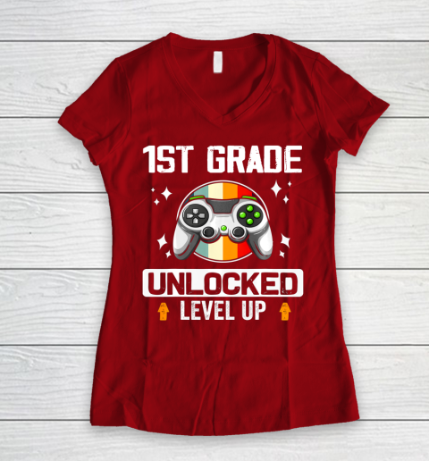 Next Level t shirts 1st Grade Unlocked Level Up Back To School First Grade Gamer Women's V-Neck T-Shirt 8