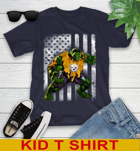 Pittsburgh Steelers Hulk Marvel Avengers NFL Football American Flag Youth T-Shirt 2