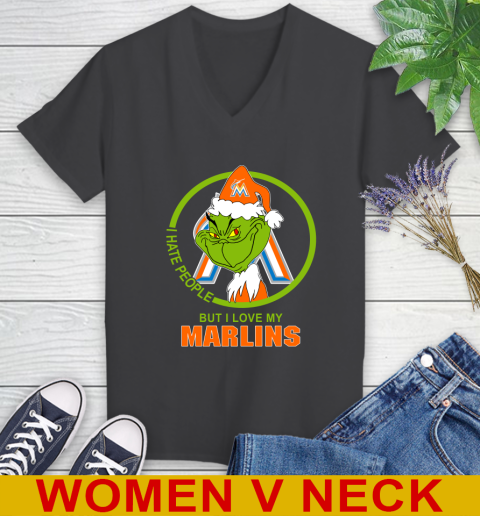 Miami Marlins MLB Christmas Grinch I Hate People But I Love My Favorite Baseball Team Women's V-Neck T-Shirt 9
