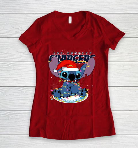 Los Angeles Chargers NFL Football noel stitch Christmas Women's V-Neck T-Shirt 6